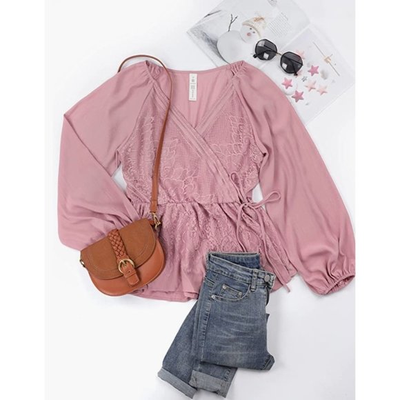 Pink Lace Chiffon V-Neck Wrap Peplum Long Bishop Sleeve Dressy Top Blouse - Picture 6 of 7